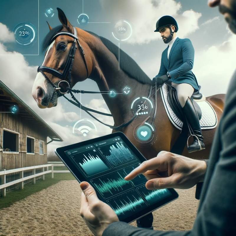 Reiter analysiert Trainingsdaten seines Pferdes auf einem Tablet.