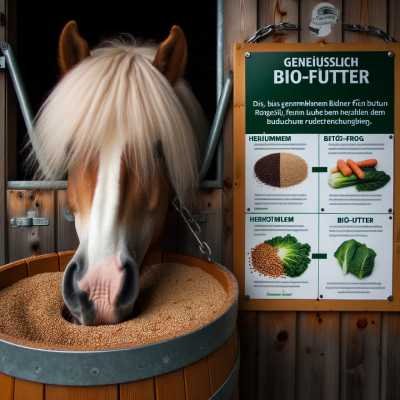 Ein Pferd , das aus eine Pferdebox schaut und aus einem Holzfass Futter frisst.