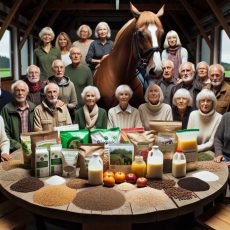 "Gruppe von Reiterinnen verschiedener Altersgruppen und Abstammungen, die an einem Workshop über nachhaltige Pferdefütterung teilnehmen, mit biologischem Futter und Informationsmaterialien auf einem Holztisch