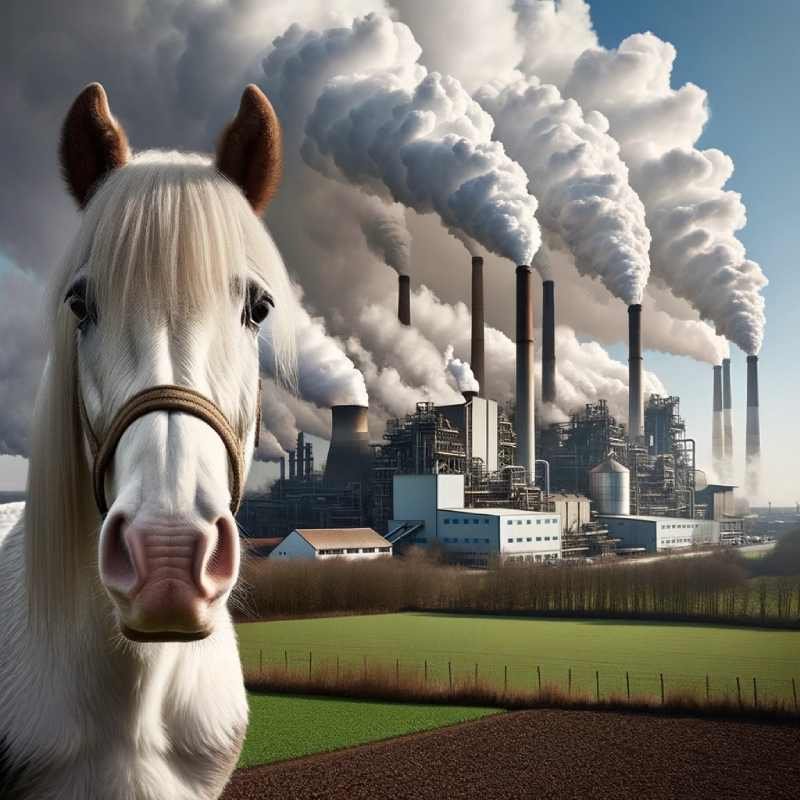 Ein Pferd, das in einer gesunden und lebendigen Umgebung steht, im Kontrast zu einem Bild einer Fabrik mit Rauchschloten, um die Auswirkungen der industriellen Landwirtschaft auf den Klimawandel hervorzuheben.